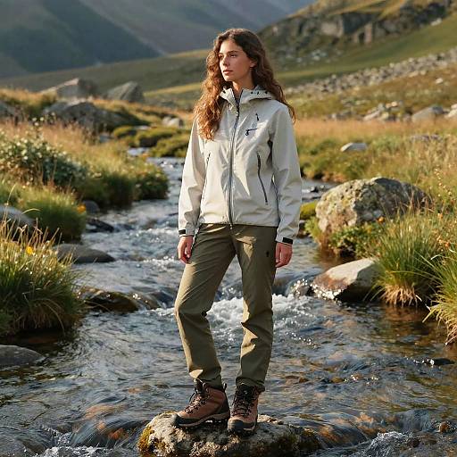 Woman Hiking in Mountain Stream Wearing Outdoor Jacket and Boots