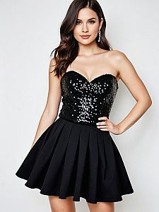 Elegant Black Strapless Sequined Bodice Party Dress for Women