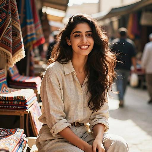 Smiling Young Woman Sitting in Vibrant Outdoor Market with Textiles