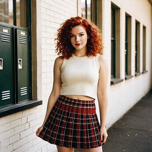 Young Woman with Curly Red Hair in Plaid Skirt and Crop Top Outdoors