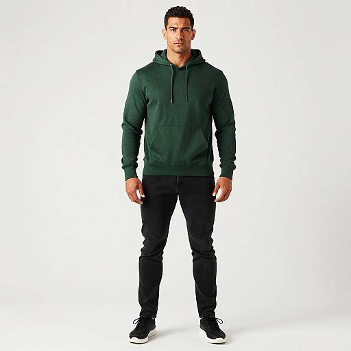 Man Wearing Dark Green Hoodie and Black Jeans Full Body Casual Look