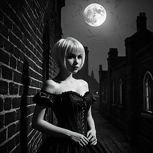 Gothic Woman in Black Corset Dress Under Full Moon Alleyway