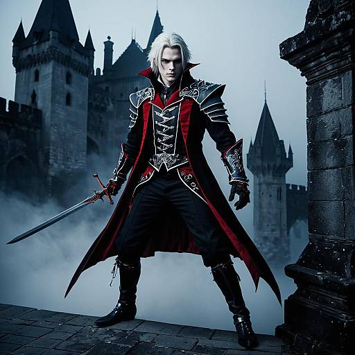 Gothic Fantasy Warrior Man in Black and Red Armor with Sword in Castle