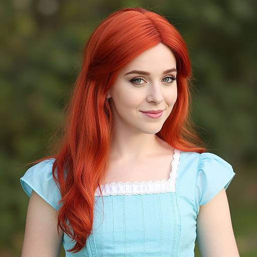Portrait of Young Woman with Red Hair Wearing Light Blue Dress