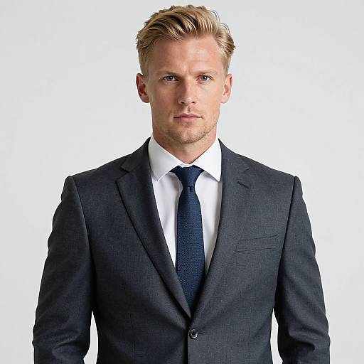Confident Blonde Man in Dark Gray Business Suit and Navy Blue Tie