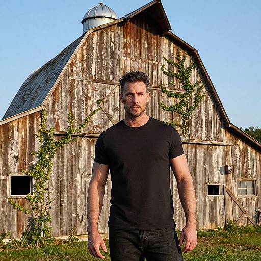 Man in Black T-Shirt Standing by Rustic Wooden Barn Outdoors
