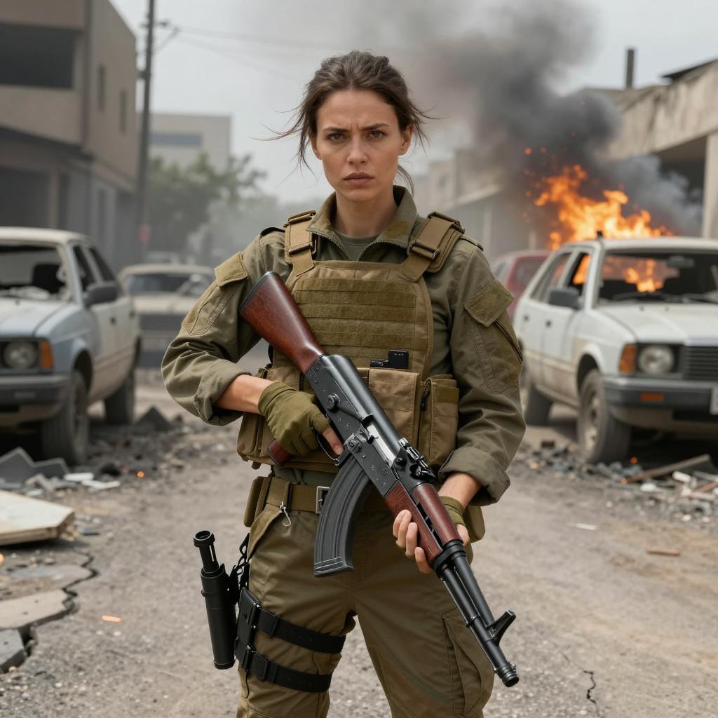 Woman Soldier Holding Rifle in Urban War Zone with Burning Cars