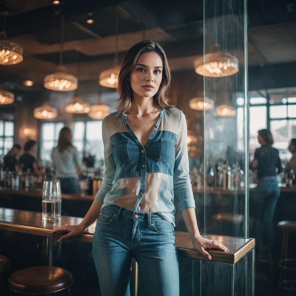 Stylish woman in nightclub wearing trendy denim outfit