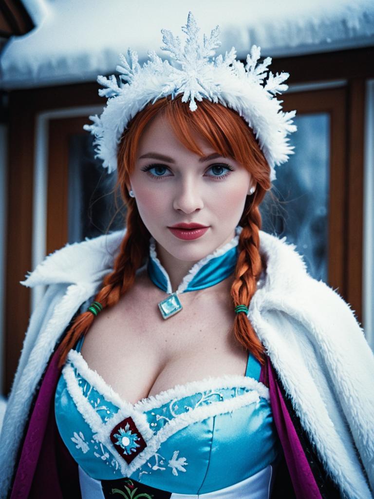 Woman in Revealing Anna Frozen Costume Cosplay with Snowflake Headpiece