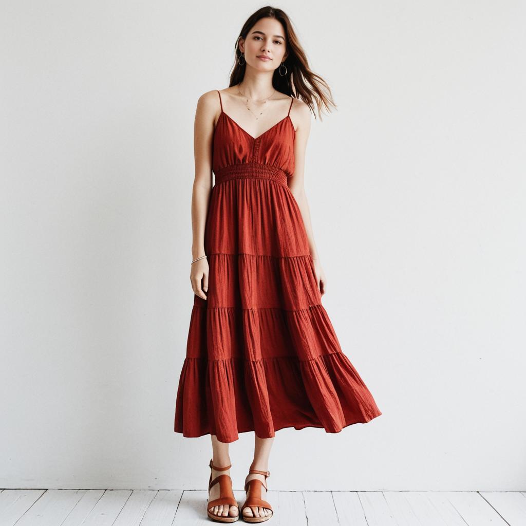 Woman in Bohemian Style Red Maxi Dress with Thin Spaghetti Straps