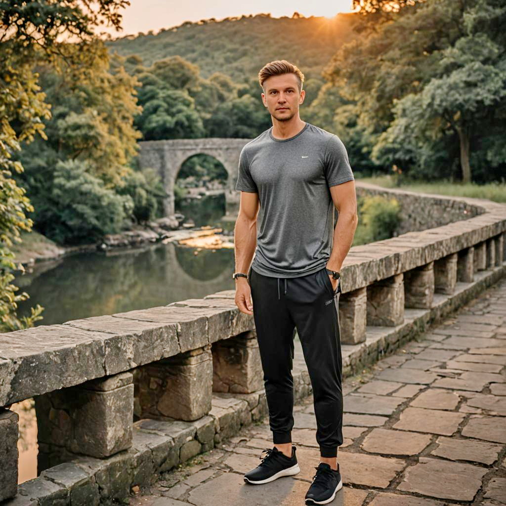 Confident Young Man on Stone Bridge at Sunset