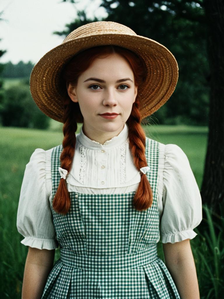 Young Woman in Anne of Green Gables Vintage Outfit with Braided Hair and Straw Hat
