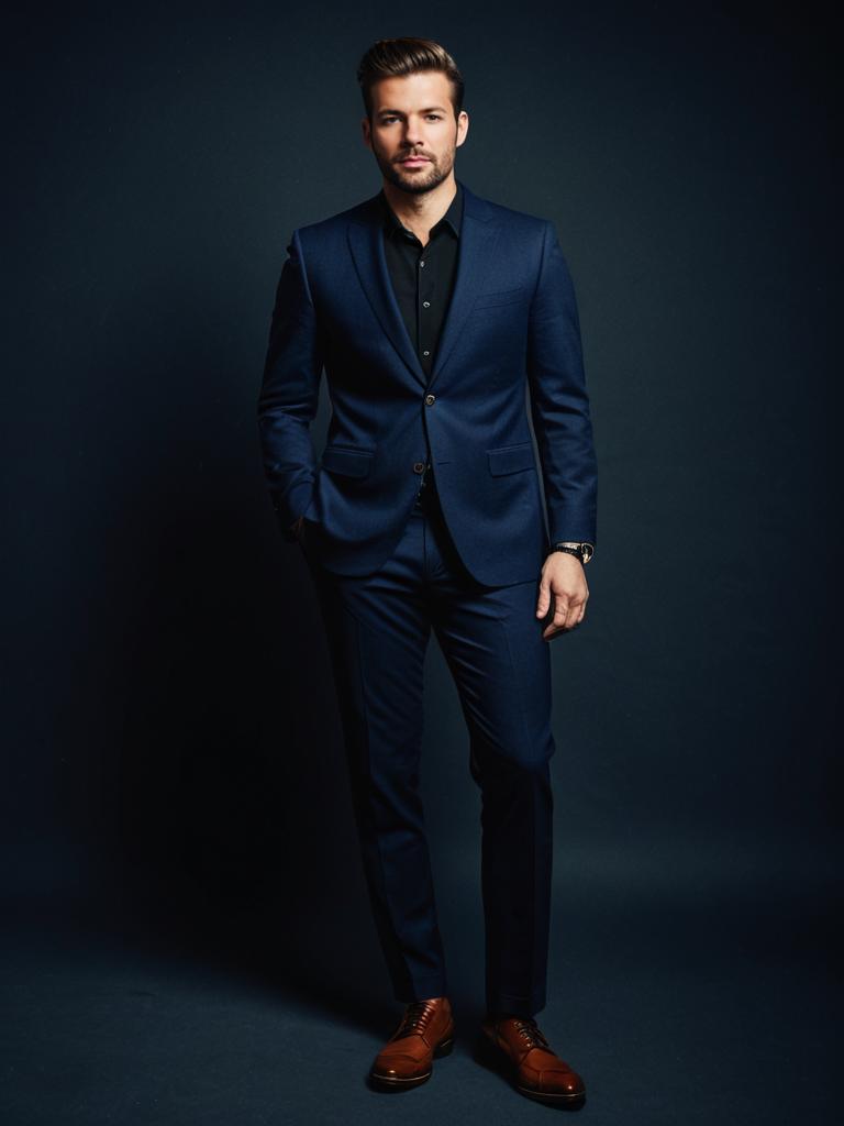 Man in Stylish Navy Blue Suit with Black Shirt Full Body Fashion Portrait
