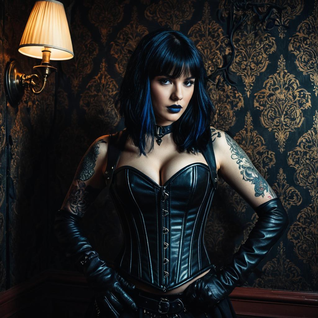 Confident Woman in Black Leather Corset and Gothic Style