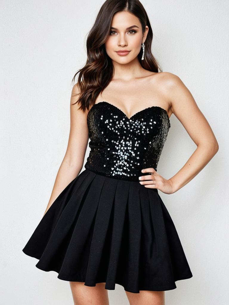 Elegant Black Strapless Sequined Bodice Party Dress for Women