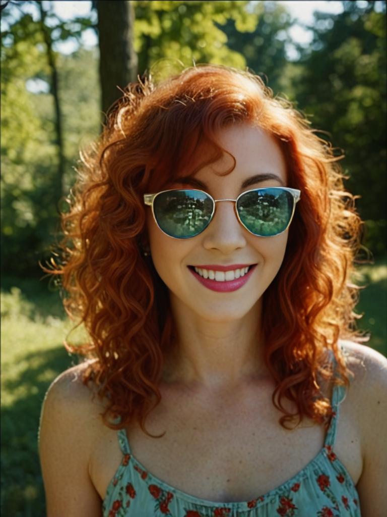 Smiling Woman in Floral Dress in Sunlit Forest