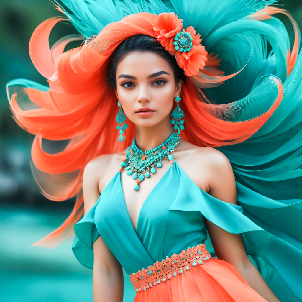 Elegant Woman in Teal and Orange Gown