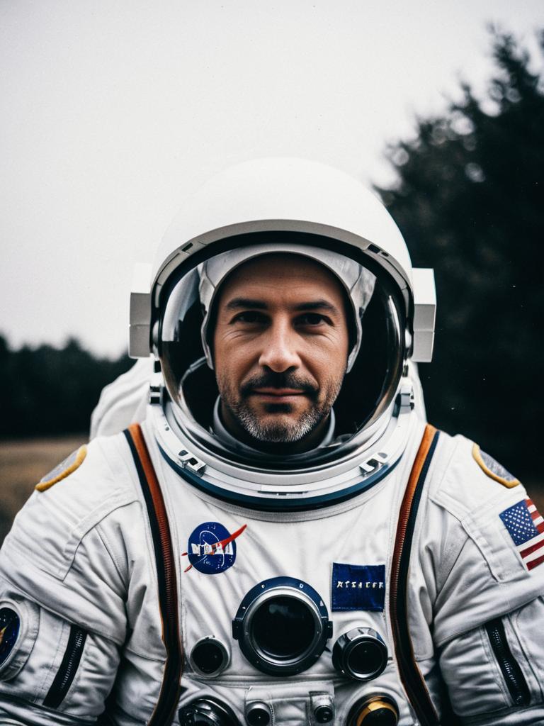 Photorealistic Cinematic Portrait of Man in Astronaut Costume Cosplay