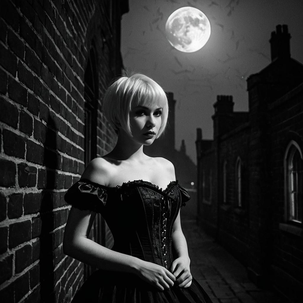 Gothic Woman in Black Corset Dress Under Full Moon Alleyway