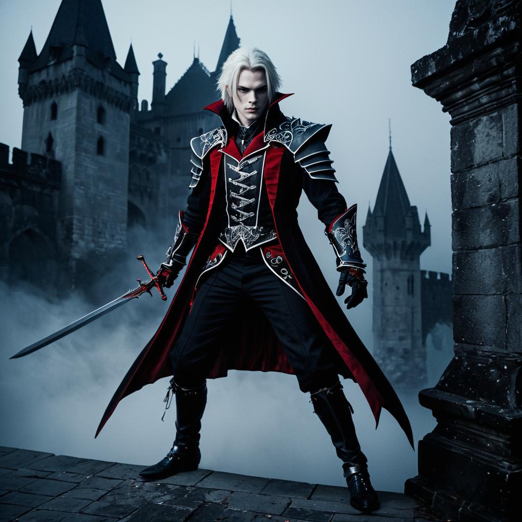 Gothic Fantasy Warrior Man in Black and Red Armor with Sword in Castle
