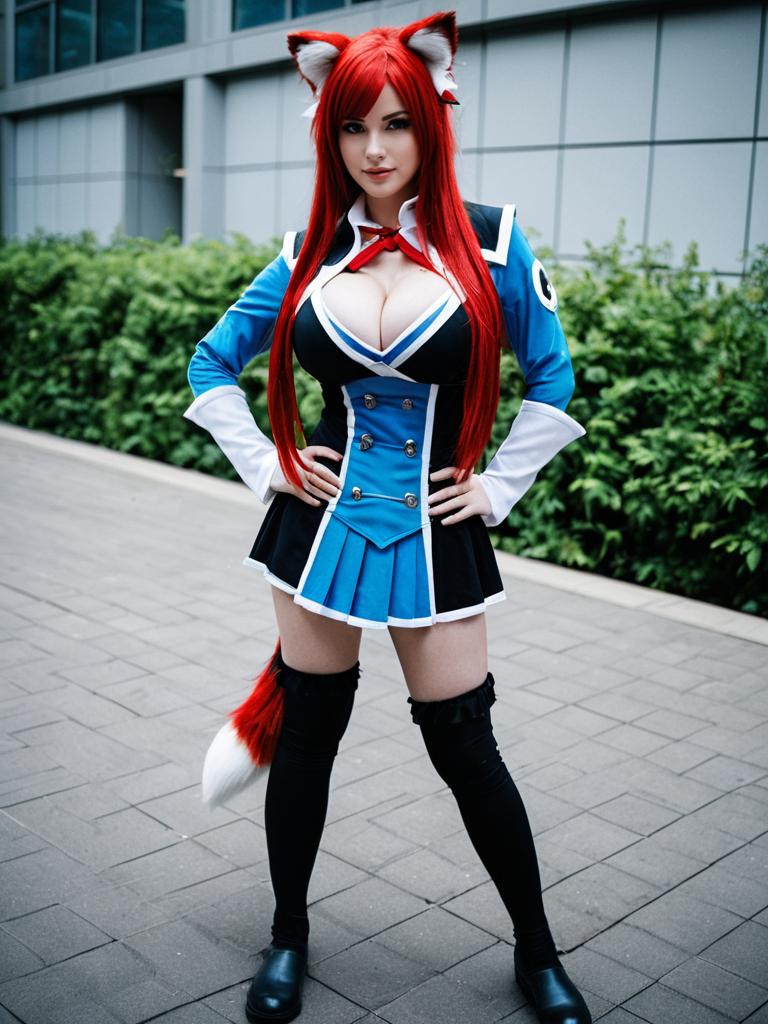Anime Fox Girl Cosplay in Blue Uniform with Red Hair and Ears