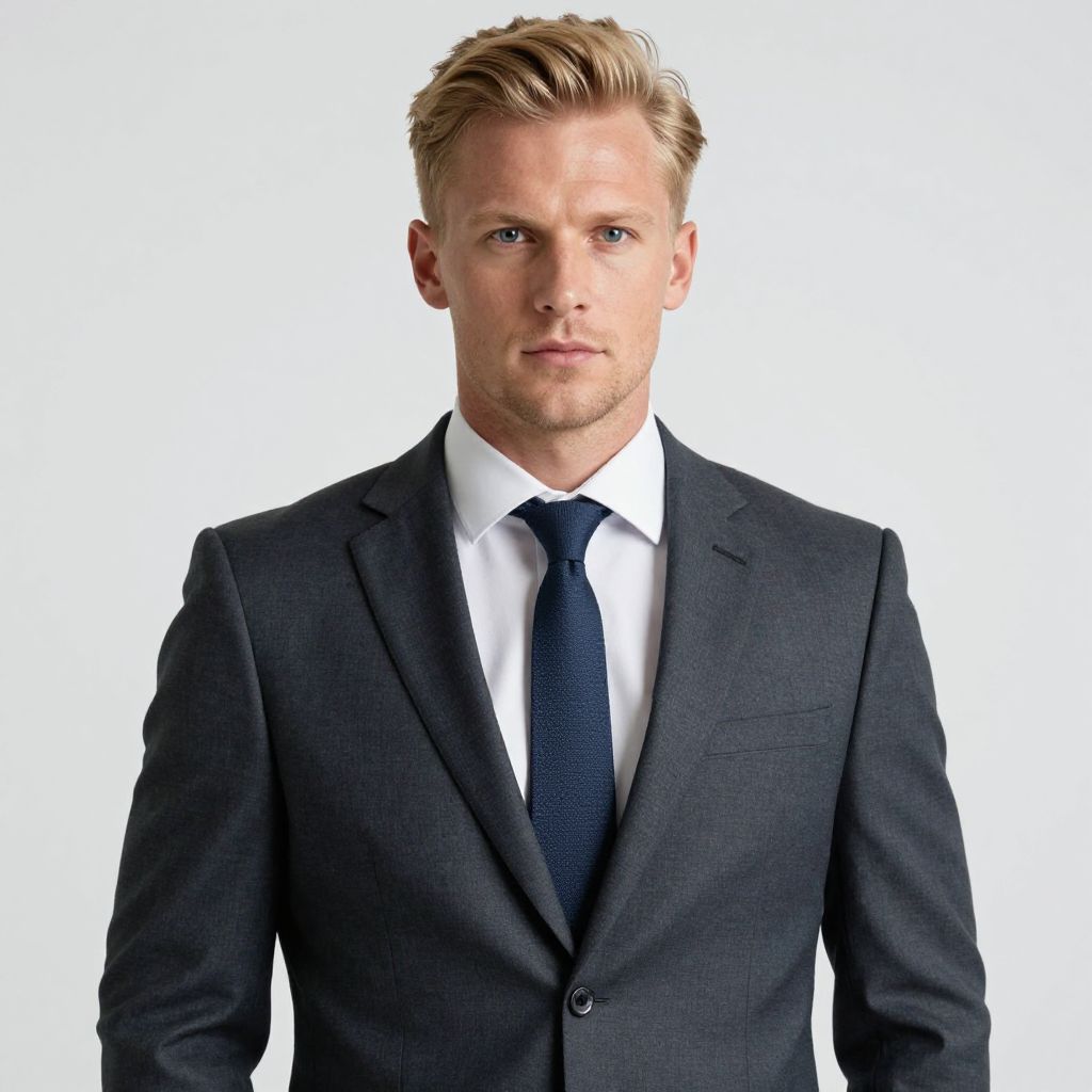 Confident Blonde Man in Dark Gray Business Suit and Navy Blue Tie