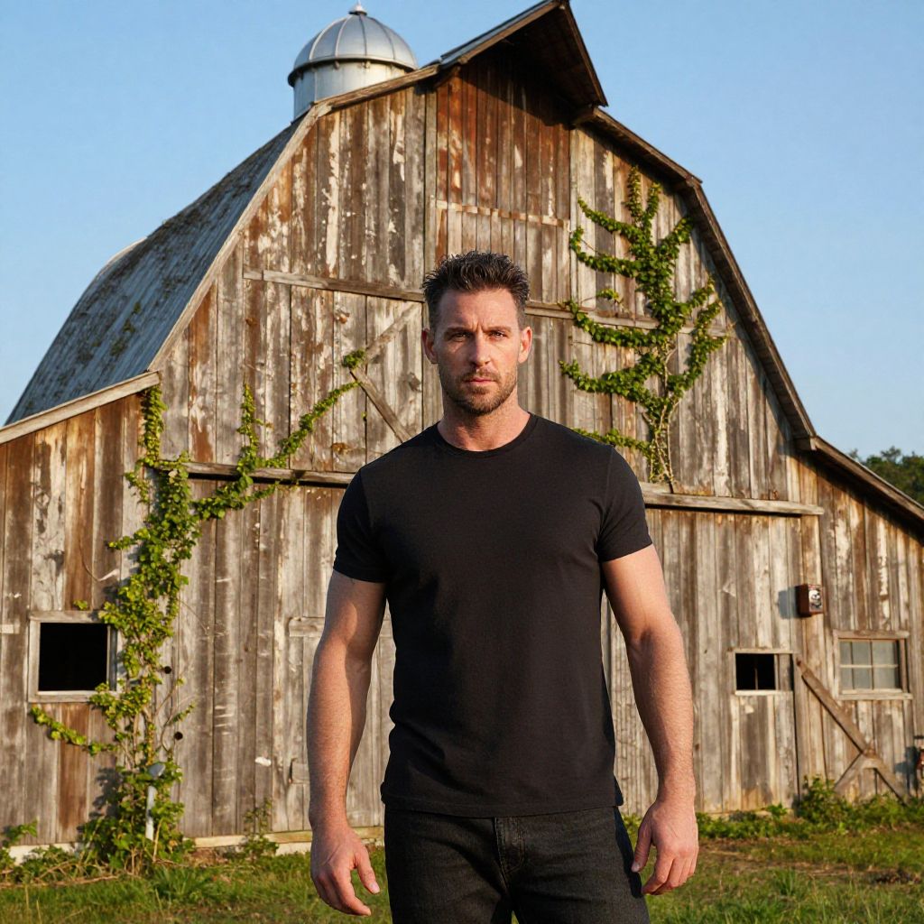 Man in Black T-Shirt Standing by Rustic Wooden Barn Outdoors