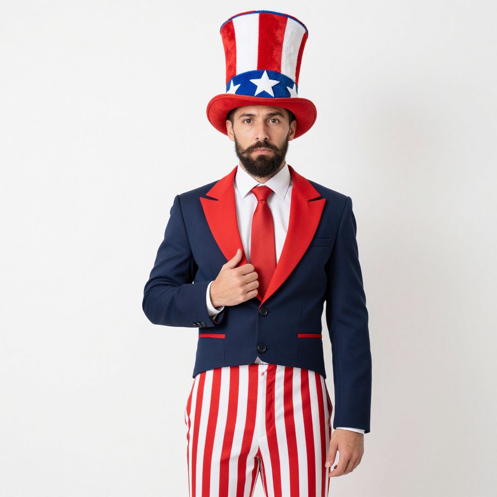 Man Wearing Uncle Sam Costume with Patriotic Red, White, and Blue Outfit