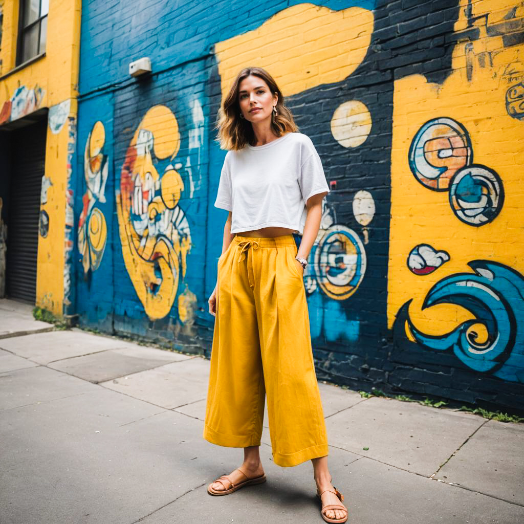 Fashionable woman in vibrant mural with summer outfit