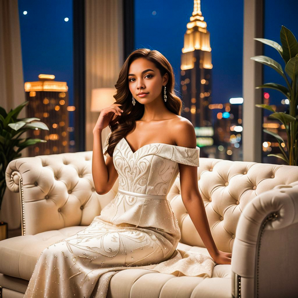 Elegant Woman in Off-Shoulder Gown on Sofa with Cityscape Elegant Woman in Off-Shoulder Gown on Sofa with Cityscape