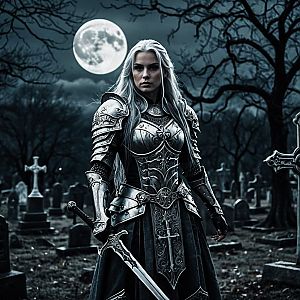 Woman in Medieval Armor in Moonlit Graveyard