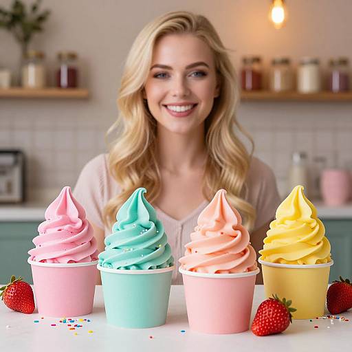 Blonde Woman with Colorful Soft Serve Ice Cream Cups