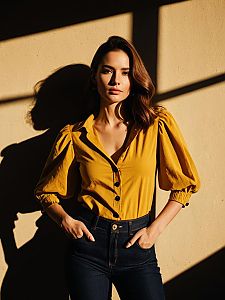 Woman in Mustard Yellow Blouse and Dark Jeans with Dramatic Sunlight Shadows