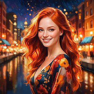 Smiling Red-Haired Woman in Floral Dress - Night Cityscape