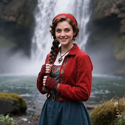 Young Woman in Traditional Folk Outfit by Waterfall