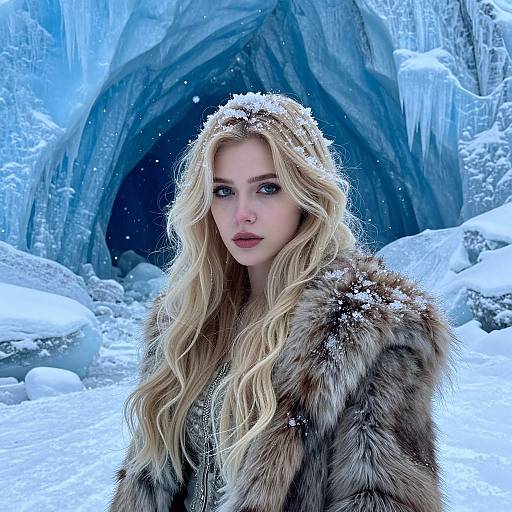 Blonde Woman in Fur Coat Standing Before Icy Cave in Snowy Winter Landscape