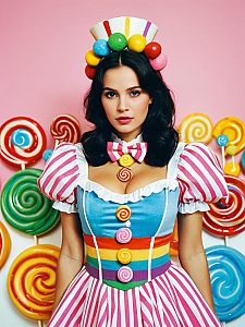 Woman in Candyland Costume with Colorful Lollipops Background