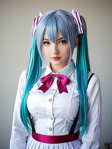Realistic Hatsune Miku Cosplay Woman with Aqua Twin Tails and White Shirt