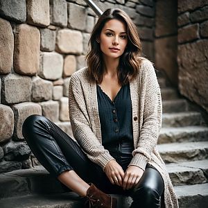 Stylish Woman in Cozy Cardigan on Stone Steps
