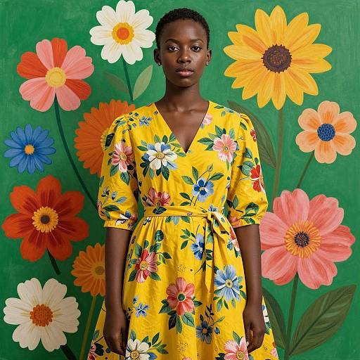 Woman in Yellow Floral Dress Against Vibrant Flower Painted Background