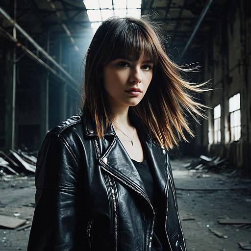 Moody Portrait of Young Woman in Black Leather Jacket in Abandoned Industrial Space