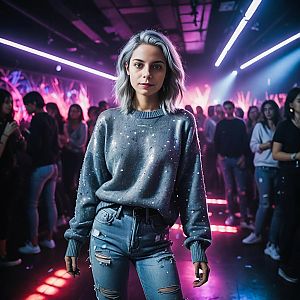 Young Woman with Silver Hair in Neon Nightclub