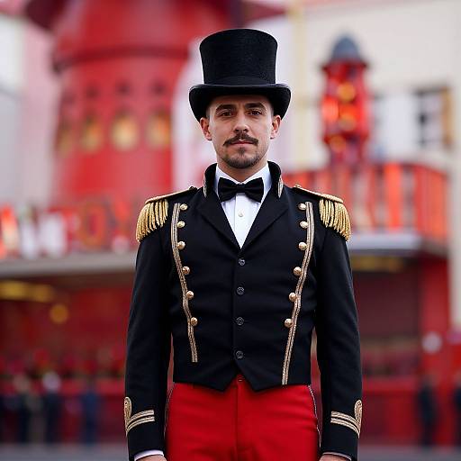 Circus Ringmaster in Elegant Costume with Top Hat and Red Trousers
