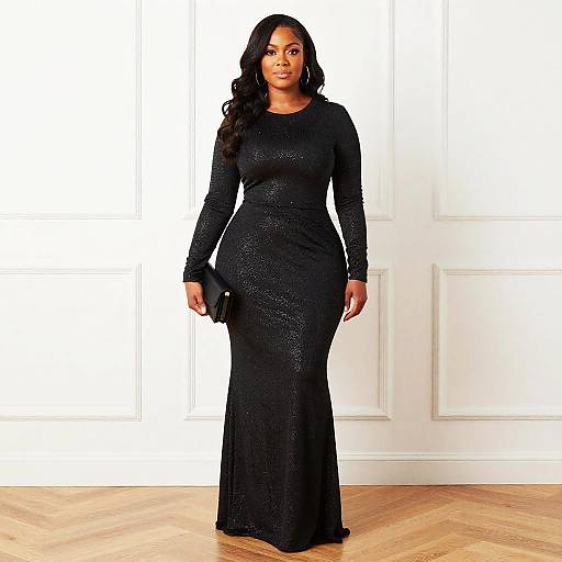 Elegant Woman in Long-Sleeved Black Evening Gown