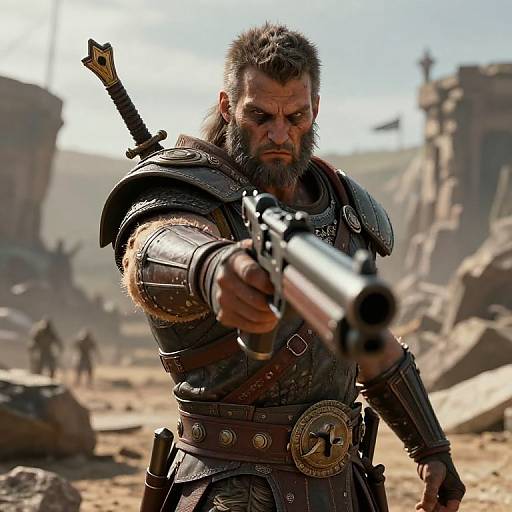 Medieval Warrior with Gun in Post-Apocalyptic Desert Battle Scene