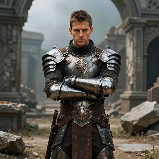 Medieval Knight in Ornate Armor Standing in Ancient Ruins