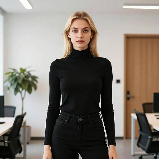 Confident Young Woman in Modern Office Wearing Black Turtleneck