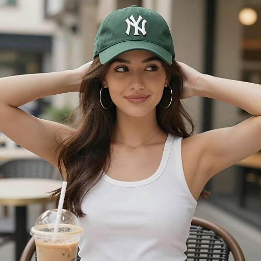 Gen Z Woman Relaxing at Outdoor Café with Green Yankees Cap