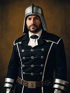 Realistic Man in Carr Cosplay Costume with Metal Helmet and Detailed Uniform
