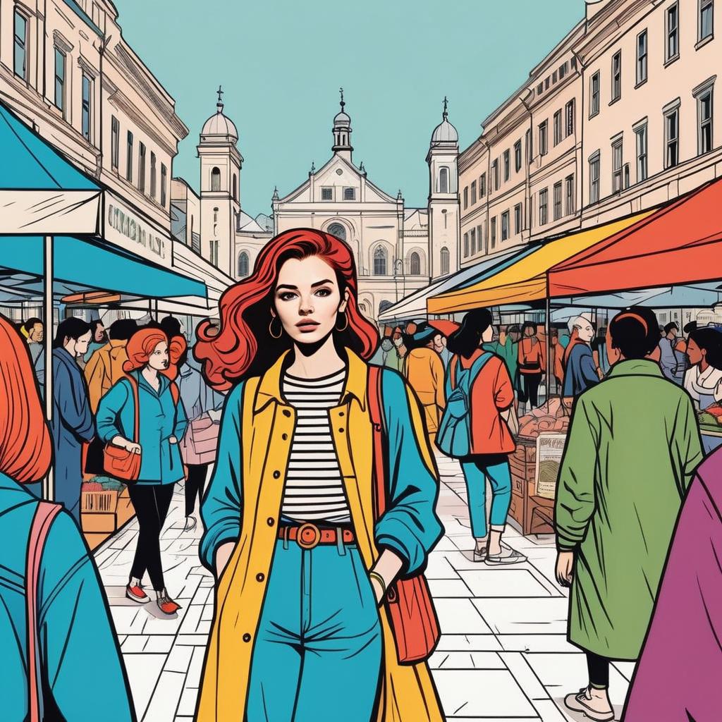 Confident Red-Haired Woman in Vibrant Market Scene